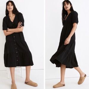 Madewell Black Cotton Gauze Lightspun Button-Front Tiered Midi Dress Pockets 4